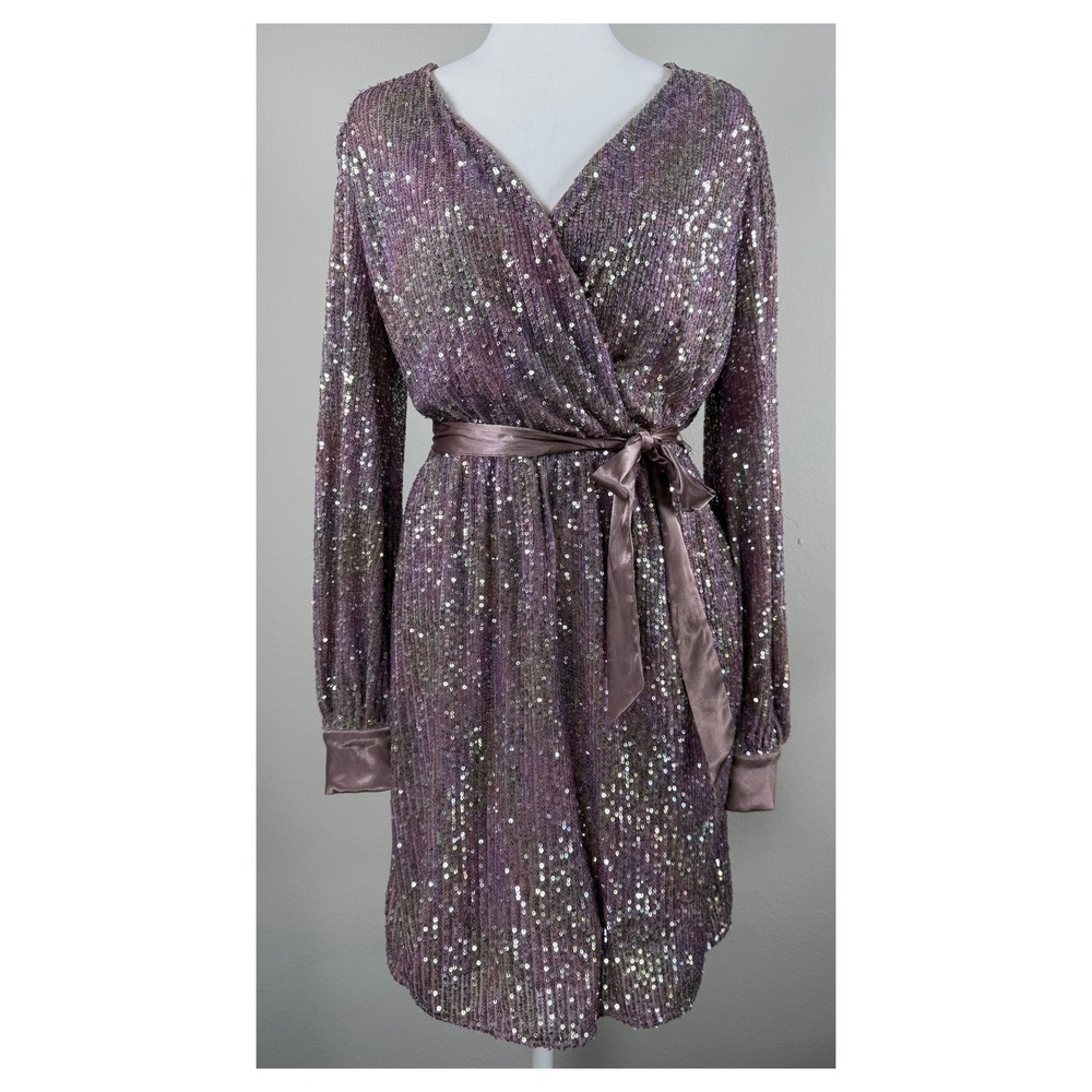 OnTwelfth Sequin Faux Wrap Dress Womens S Sparkly Long Sleeve Party Glam NYE